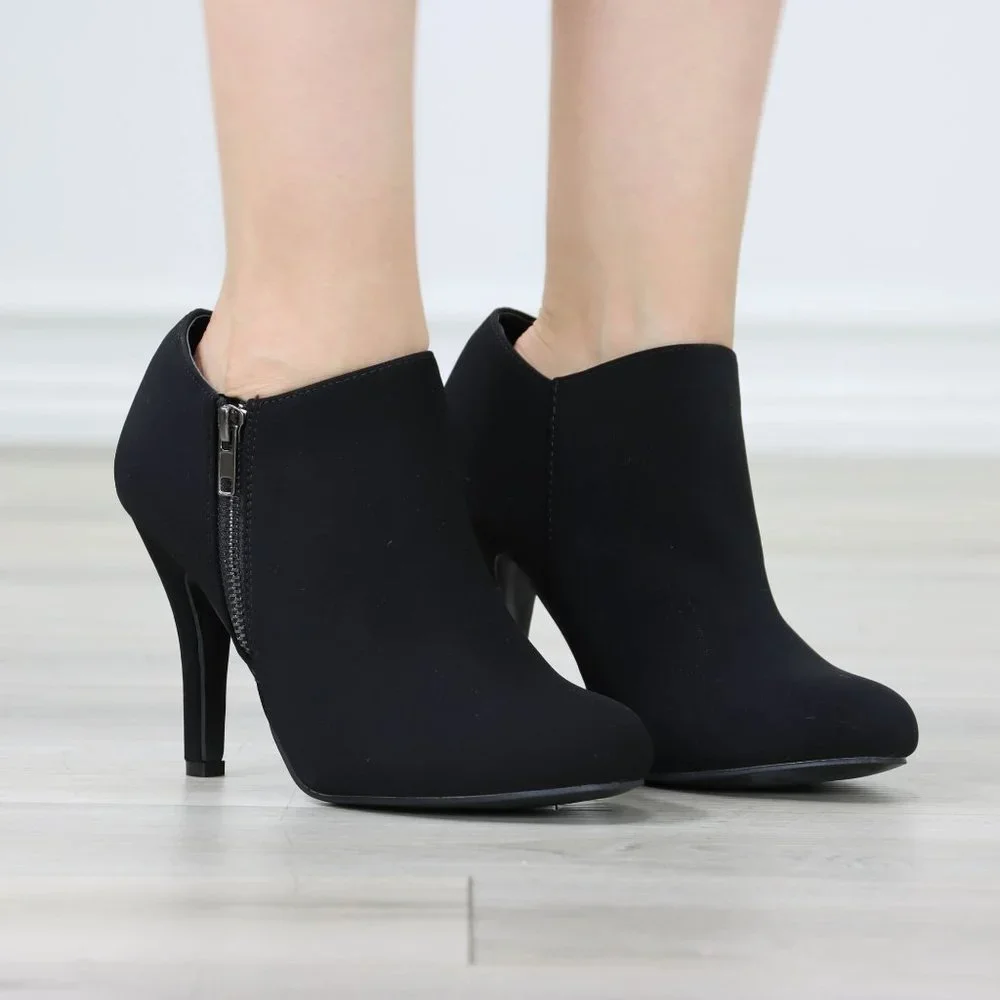 Women's Boots Heeled Ankle Booties Black Velvet Round Toe Stiletto High Heel - Picture 7 of 11